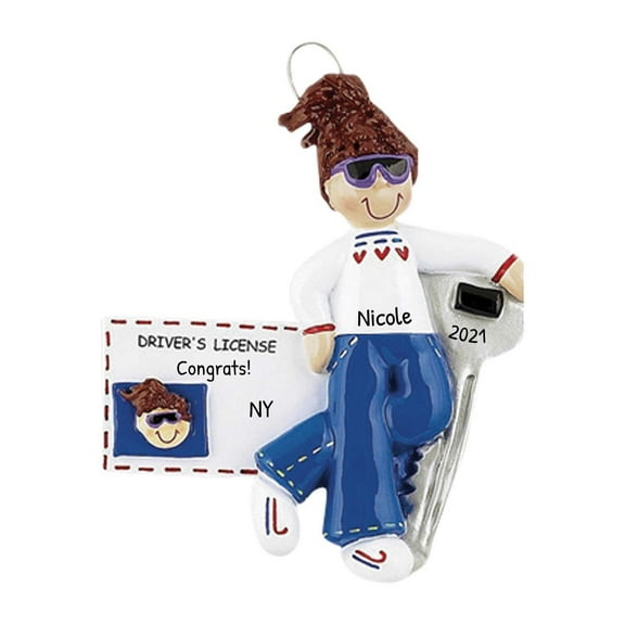 Personalized New Driver Ornament 2024 - Drivers License Christmas Ornament 2024, Student Driver Ornament, New Driver Gifts, Teen Driver Gifts - Brunette Girl Driver's License - Free Customization
