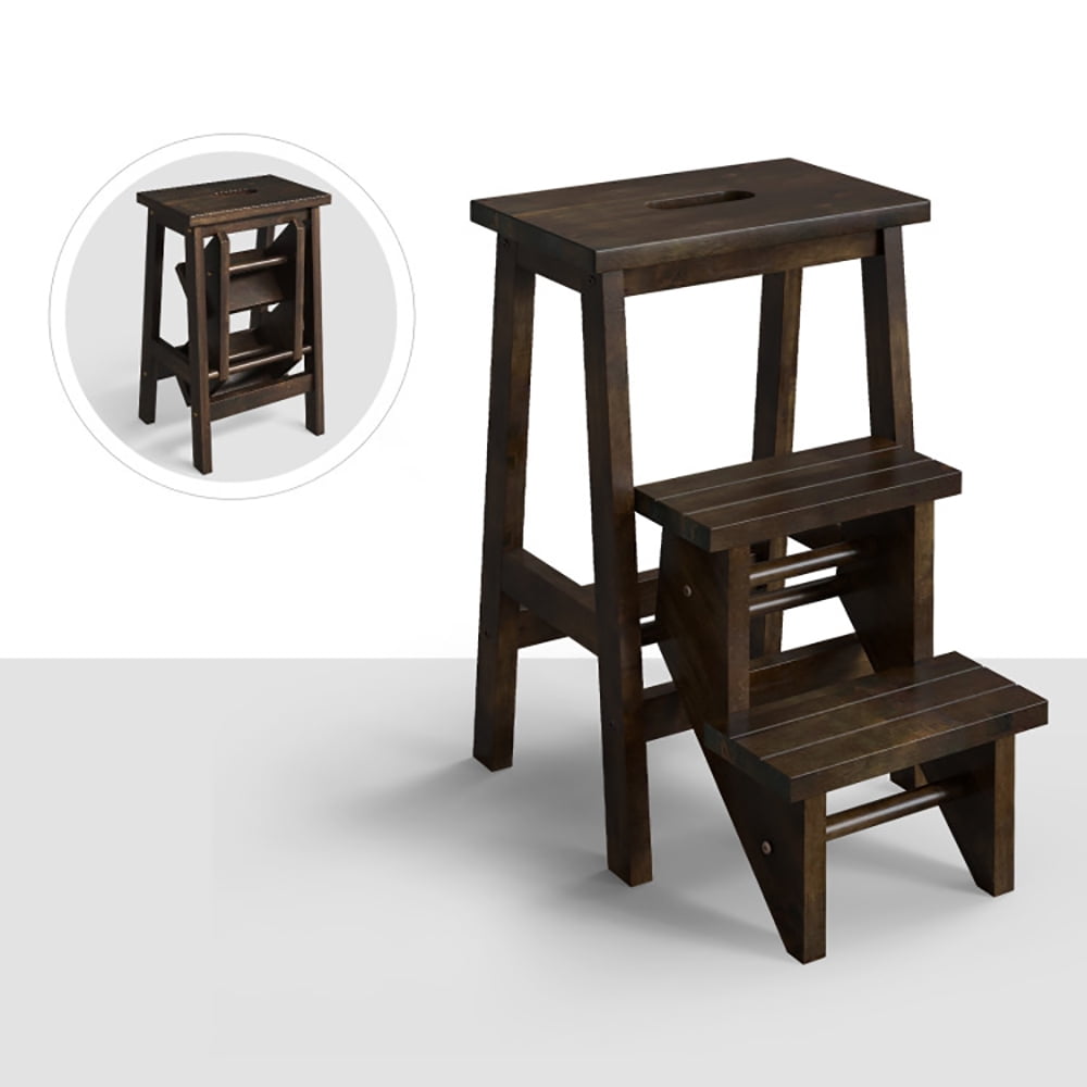 Kepooman Step Ladder,Step Stool, Step Stool Platform,3-in-1 Rubber Wood Step Stool with Convenient Handle-Brown
