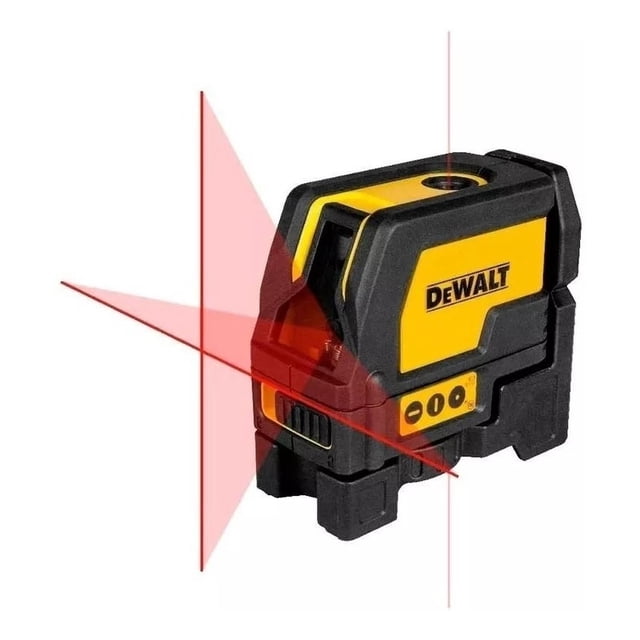 laser autonivelante linea/punto hor y vertical dw0822 dewalt, vista 3/4 frontal del láser amarillo y negro con logotipo DEWALT, tres botones frontales y abertura emisora; proyecta haz rojo que forma línea horizontal, línea vertical y punto cruzado, adecuado para trazos y alineaciones en interiores.