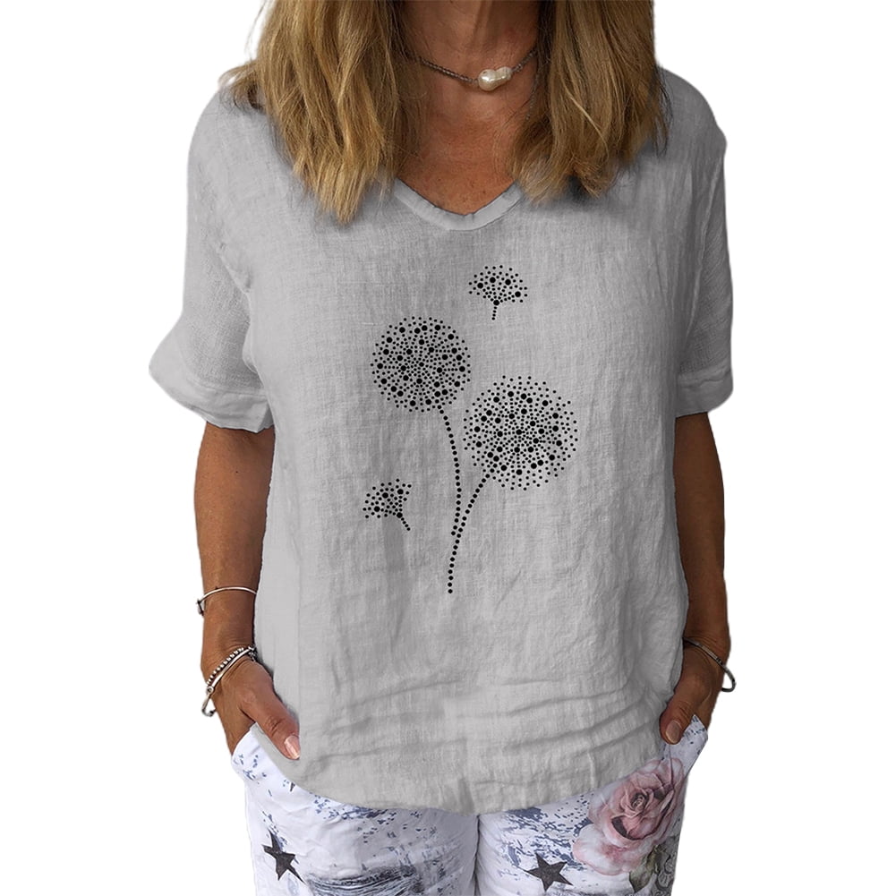 HoWD Women Casual V Neck Short Sleeve Dandelion Print Cotton Linen ...