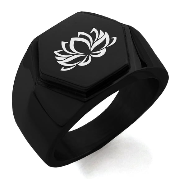 Stainless Steel Heart of the Lotus Engraved Hexagon Crest Flat Top Biker Style Polished Ring