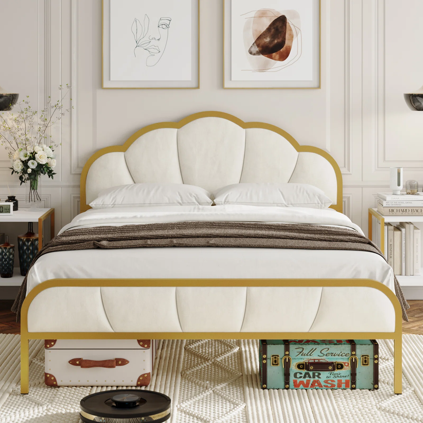 Homfa Queen Size Bed Frame, Golden Velvet Upholstered Platform Bed  with Headboard for Bedroom, Seashell Bed for Kids Girls, Beige - image 3 of 10
