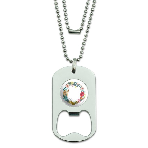 Letter O Floral Monogram Initial Military Dog Tag Bottle Opener Pendant