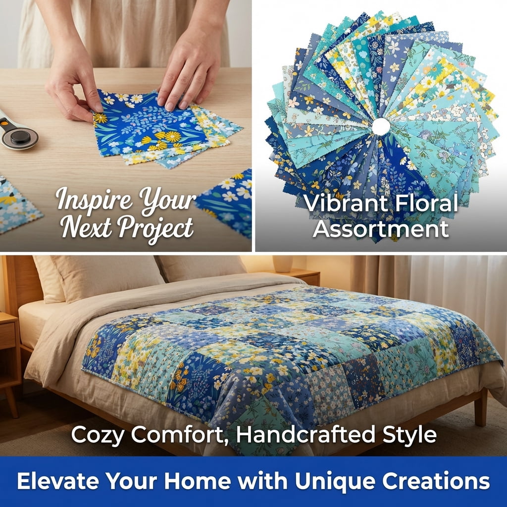 iMzoon 42Pcs 10" Wavy Edge Fabric Squares,Cotton Fat Quarters Bundles for Quilting Supplies,Denim Floral Precuts,Sewing Material & Color Draping Kit Swatches in Retro Print