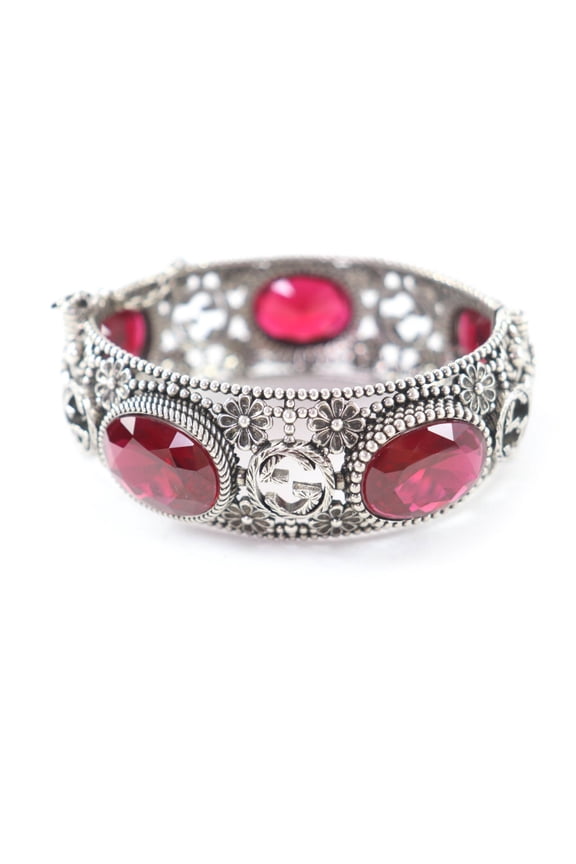 Pre-Owned GUCCI 925 Interlocking G Flower Bangle with Colored Stone, Silver and Red, Size 17,...