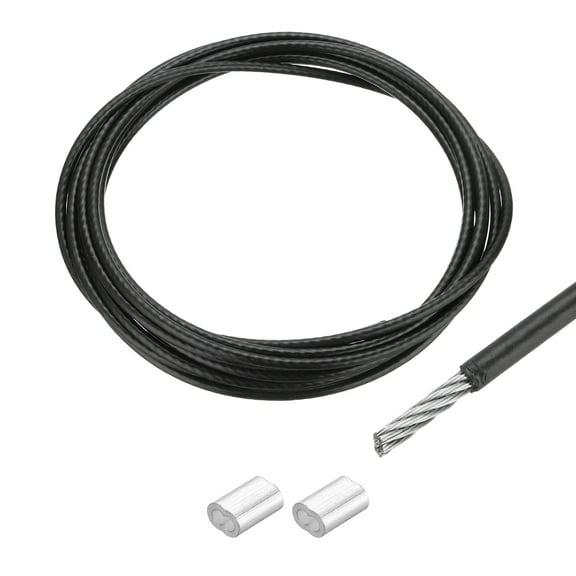 16Ft(5M) Wire Rope 304 Stainless Steel Cable 5/32" (4.0 mm) Vinyl Coated with 2pcs Aluminum Sleeves Black