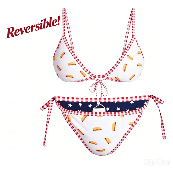 Zynoxe Women's Two-Piece Bikini Set Casual 4th Of July Hot Dog Print with Red Gingham Trim Bathing Suits Summer Reversible Triangle Halter Tie Bikini Sets with Chest Pad White XXS