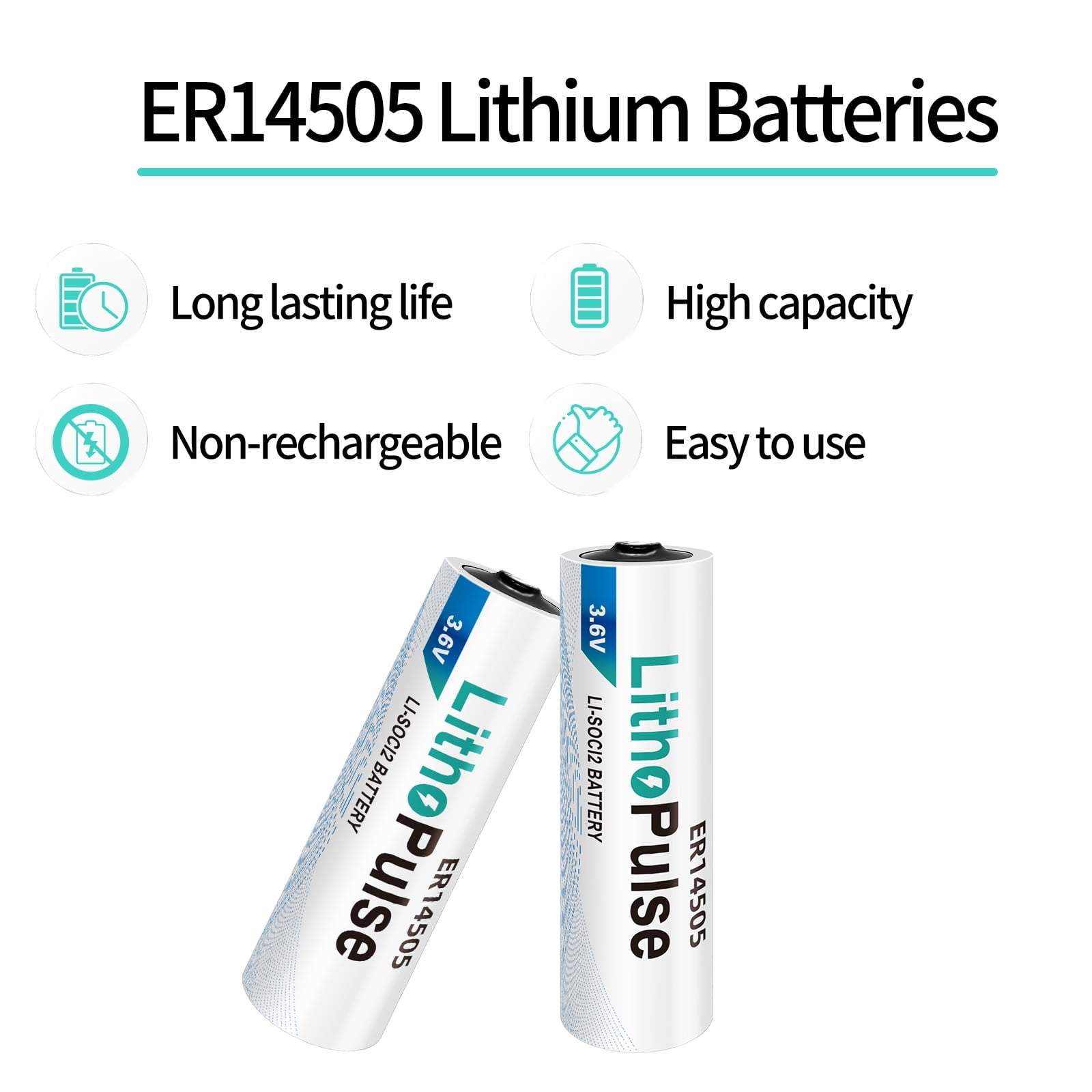 LithoPulse ER14505 AA 3.6V Lithium Battery 2700mAh for Water Electricity Gas Meter PLC Facility Equipment Li-SOCL₂ Non-Rechargeable ER14505 Battery（10 Pack）