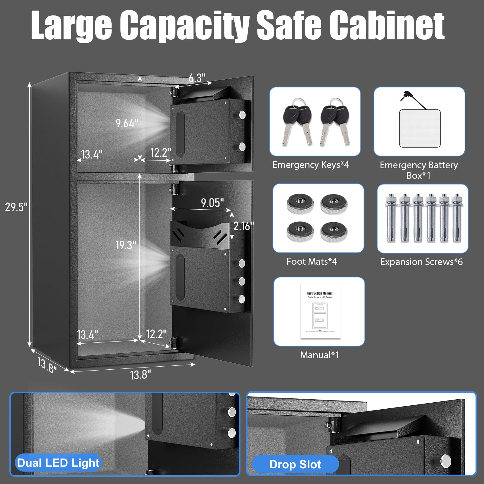 Riflewell Large Password Safe Box, Household Steel Safe with Glass Panel, Digital Keypad Home Safe With Deposit Slot, Personal File Safe, Dual Alarm And Silent Mode, Height 29.5"