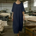 thumbnail image 4 of Ygbgbb Cotton Linen Dresses for Women Loose Fit Summer Maxi Dress Lightweight Loungewear Dress Solid Casual Short Sleeve Dress Navy XL, 4 of 5