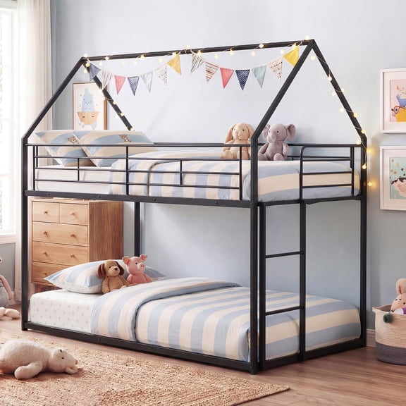 Costway Twin Over Twin Metal Bunk Bed, House Shaped Floor Bunk Bed Frame with Roof & Ladder Black
