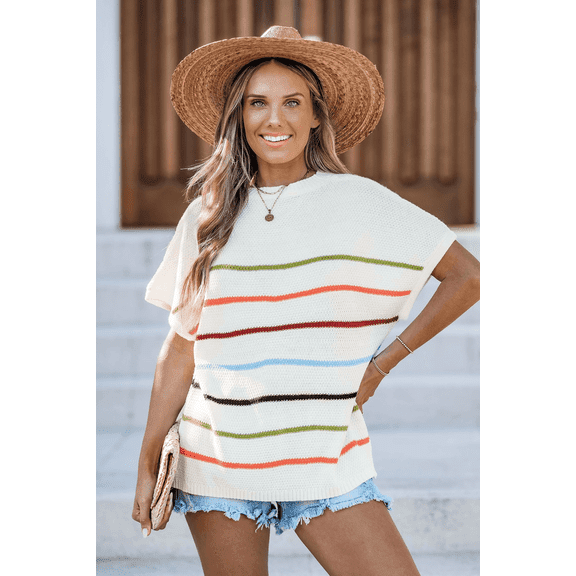 Spring Summer Vest for Women 2026 Release Sleeveless Striped Knit Crew Neck T-Shirts LightWeight Casual Sweater White 2XL