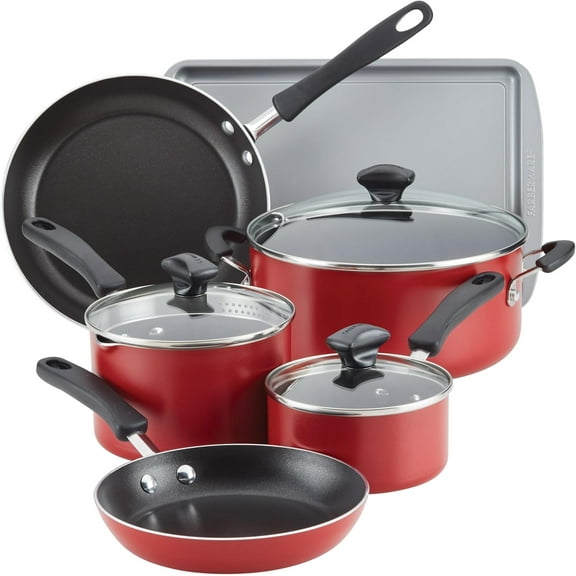 YANGLI Cookstart DiamondMax 15-Piece Nonstick Cookware Set | Includes Pots, Pans & Baking Tools, Dishwasher Safe, Red