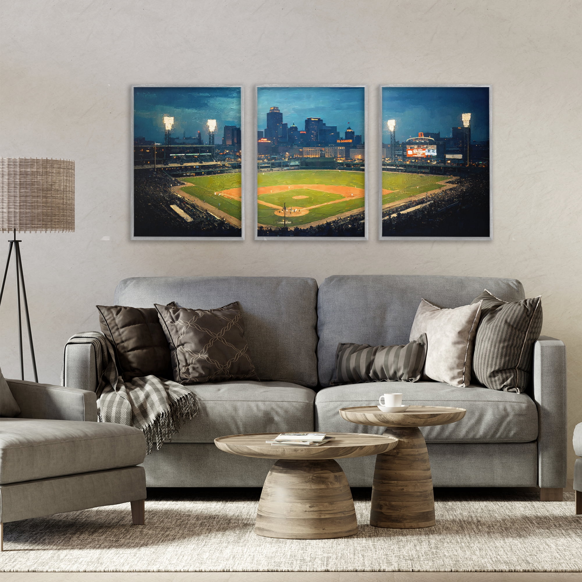 Stupell Industries Baseball Stadium Night View 3 Piece Gray Framed Giclee Art Set, design by Arlington Prints