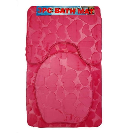 Luxury 3PC Soft Memory Foam Hot Pink Bath Set Bath Mat Toilet Cover Contour Heart