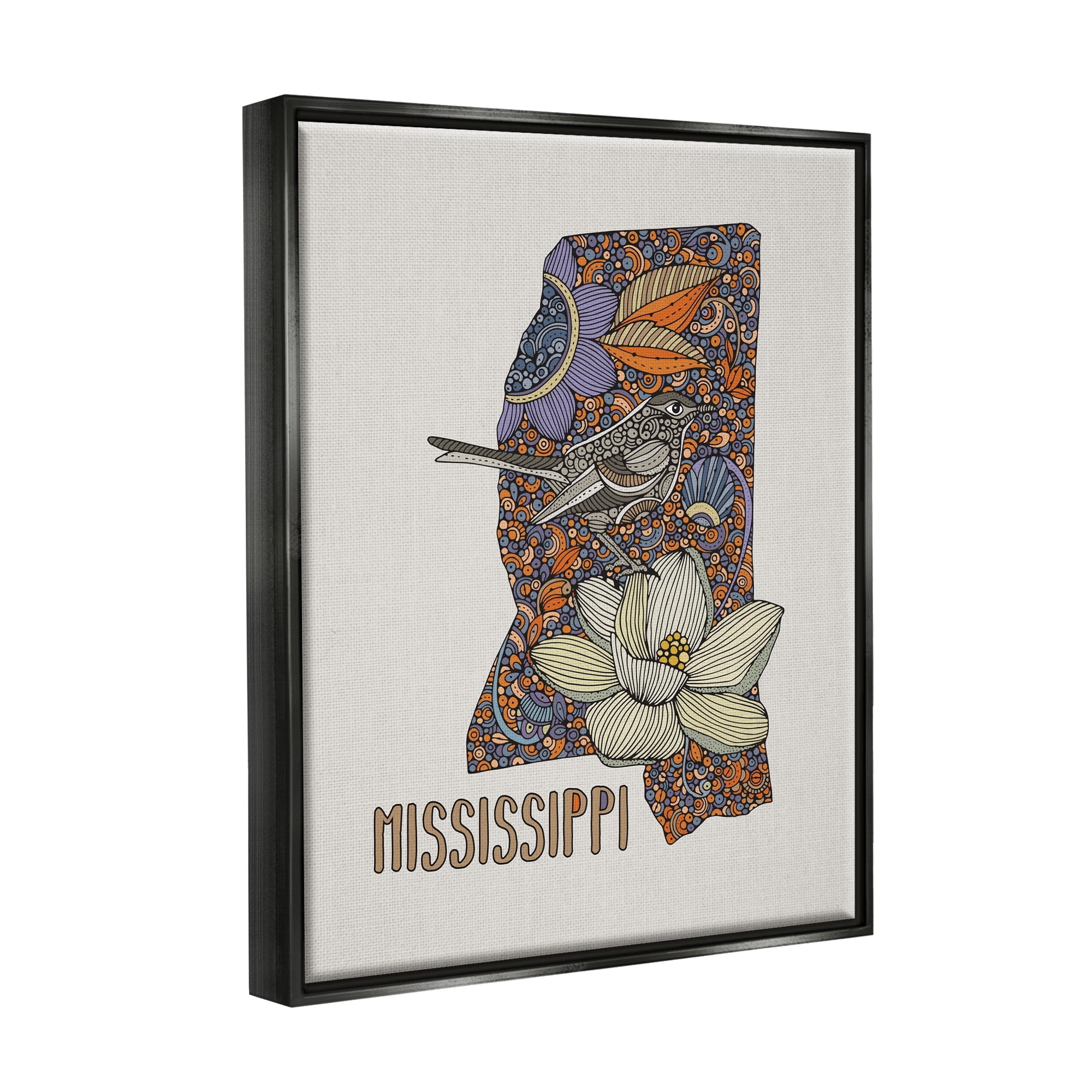 Stupell Industries Detailed Mississippi Bird & Flower Pattern Design Graphic Art Jet Black Floating Framed Canvas Print Wall Art, Design by Valentina Harper