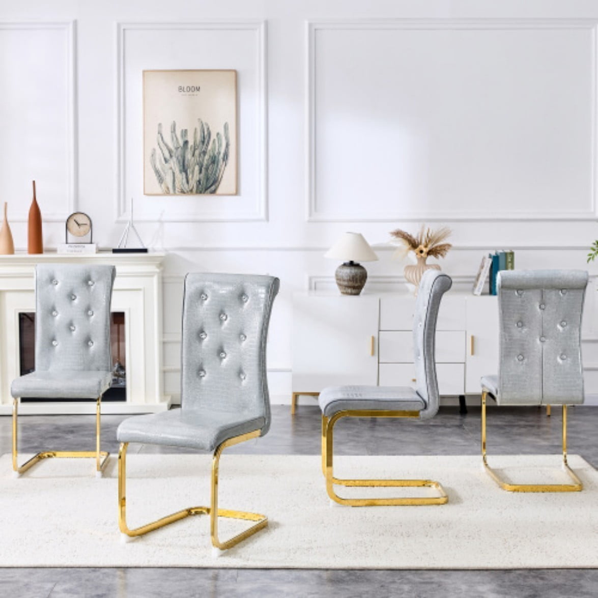 Set of 4 Retro Dining Chairs, Faux Alligator Leather Upholstered Chairs with Crystal Button Details & Gold-Plated Bent Metal Legs, 400 LBS, Gray & Gold