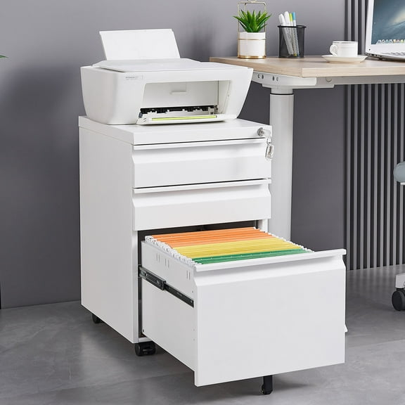 3-Drawer Metal Filing Cabinet with Secure Lock, Mobile Office Storage, White Color