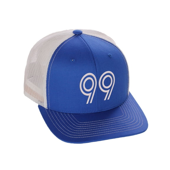 Daxton Team Numbers Structured Trucker Mesh Hat Mid Profile Cap, Royal White, Number 99