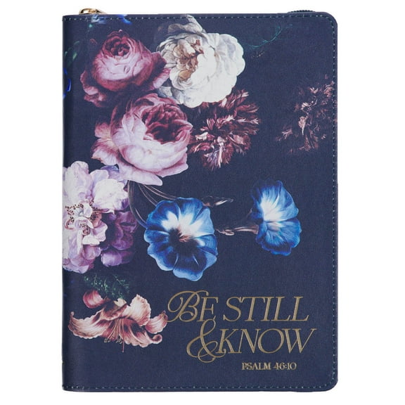 Christian Art Gifts Navy Blue Vegan Leather Zipped Journal, Inspirational Women’s Notebook Be Still Scripture, Flexible Cover, 336 Ruled Pages, Ribbon Bookmark, Psalm 46:10 Bible Verse