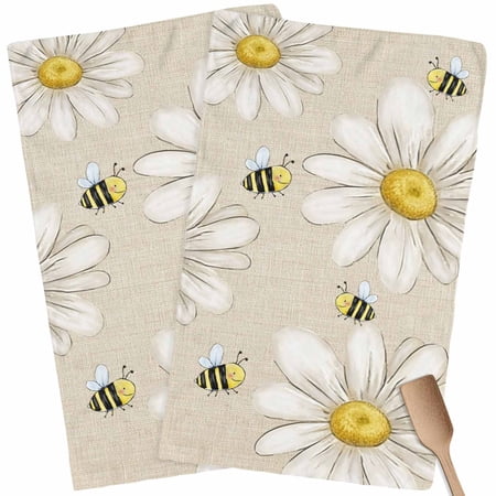 Kitchen Towels Set of 2 Daisy Honeybees Dish Towels and Dishcloths Sets Tea Towel Farmhouse Floral Linen Absorbent Hand Towels for Kitchen Bathroom Drying Cleaning Baking Home Decor