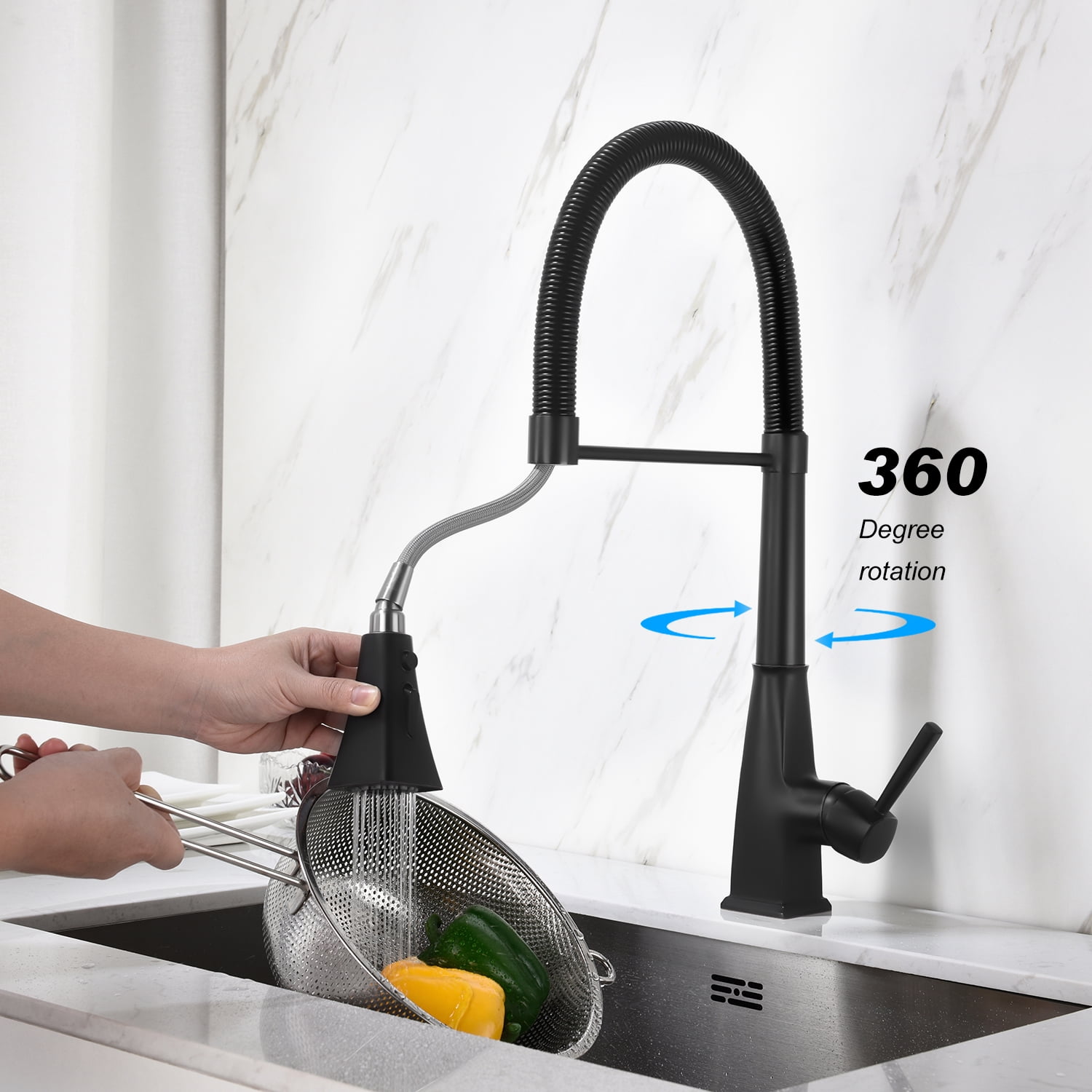 Izzovium Matte Black Kitchen Faucet with Pull Down Sprayer, 360° Swivel High Arc Stainless Steel Faucet, 2 Water Modes (Stream/Spray), Single Handle for Easy Temperature Control