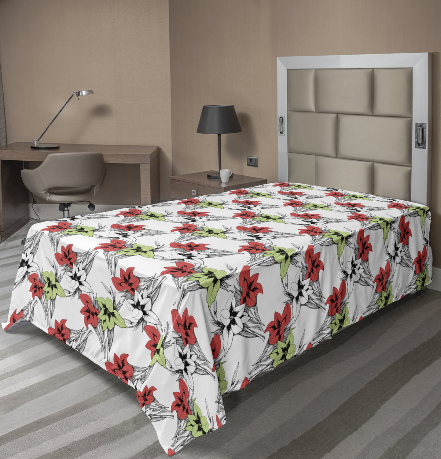 Floral Flat Sheet, Tropical and Blooming Elements with Sketchy Leaves ...