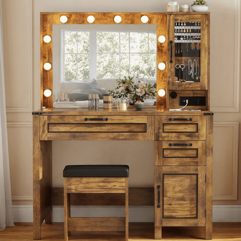 Vabches Vanity Desk with Mirror and Lights,Makeup Vanity Table with Jewelry Organizer, Charging Station & 3 Drawers, 2 Cabinets(Grey)