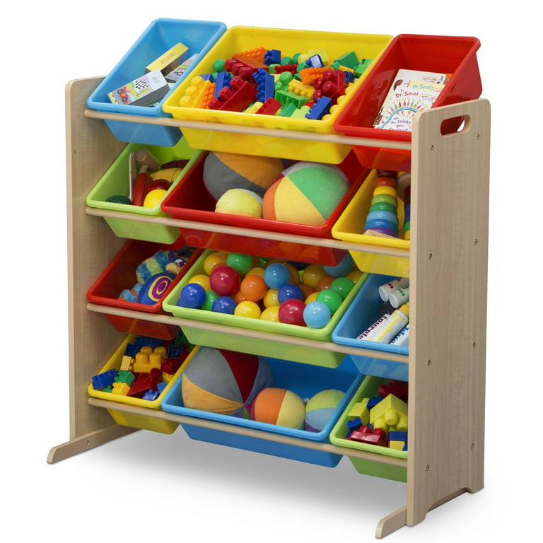 Tot Tutors Kids Toy Storage Organizer with 12 Plastic Bins, Natural/Primary  (Primary Collection)