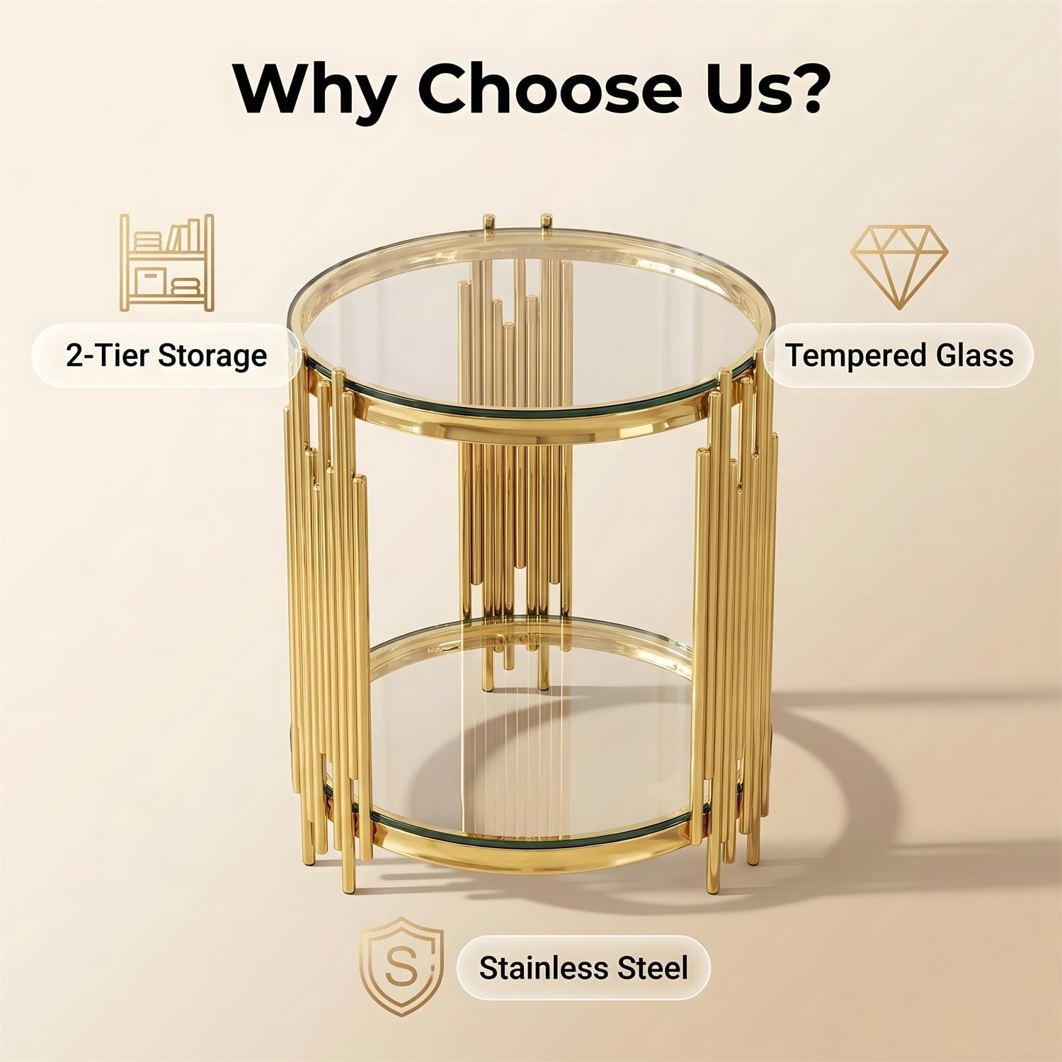 Hommoo 19.7 Inch Round Clear Glass End Table, 2-Tier Modern Luxury Side Table with Stainless Steel Organ-Pipe Base, Tempered Glass Top for Living Room, Bedroom & Home Office, Gold