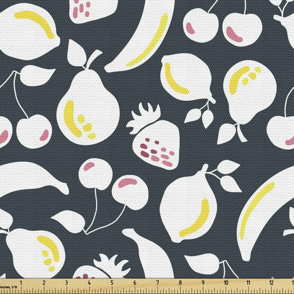 Fruits Fabric by the Yard, Summer Foods Apple Banana Cherry Strawberry Lemon Branches Fresh, Decorative Upholstery Fabric for Sofas and Home Accents, Dark Blue White and Yellow by Ambesonne