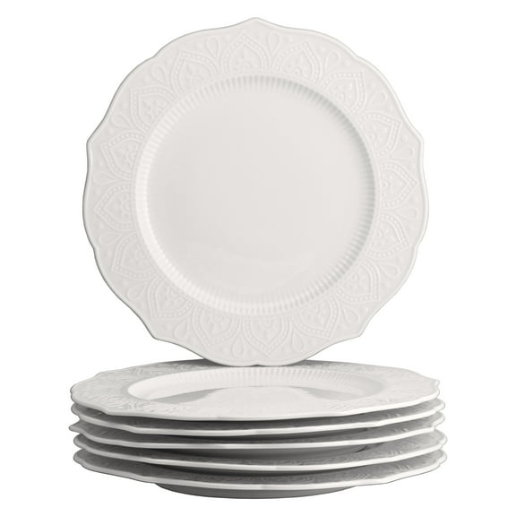 10 Strawberry Street Dahlia Porcelain 10.5" Dinner Plate, Set of 6, White
