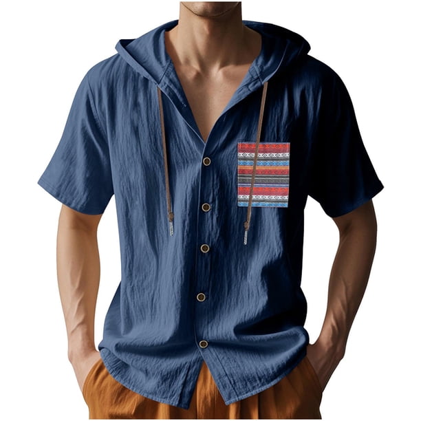 Camisa de Manga Corta de los Hombres con Capucha de Cárdigan Impresa con Botón con Bolsillos Top Casual para Primavera Verano