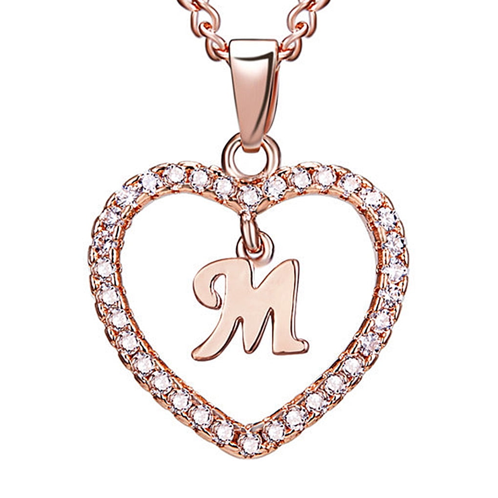 ‪❤︎ ℳ ‪‪❤︎‬ Worallymy Alphabet M Heart Necklace, Rose Gold Rhinestone