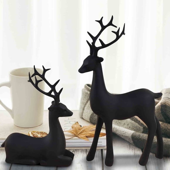 2 Pcs Christmas Reindeer Sculpture, Resin Elk Christmas Decoration, Matte Black Statues for Home TV Cabinet Mantel Bookshelf Decor