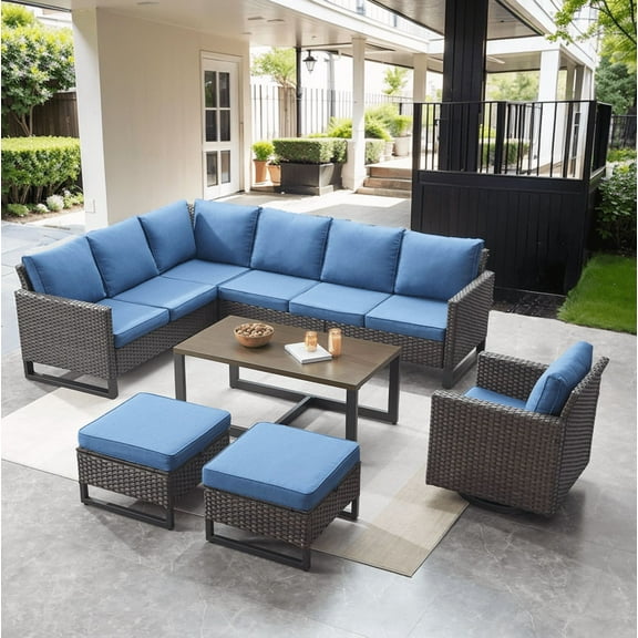 PARKWELL 7 Pieces Outdoor Furniture Seating Group,Wicker Cushioned Sectional Conversation Sofa Set Swivel Glider Ottoman,Navy