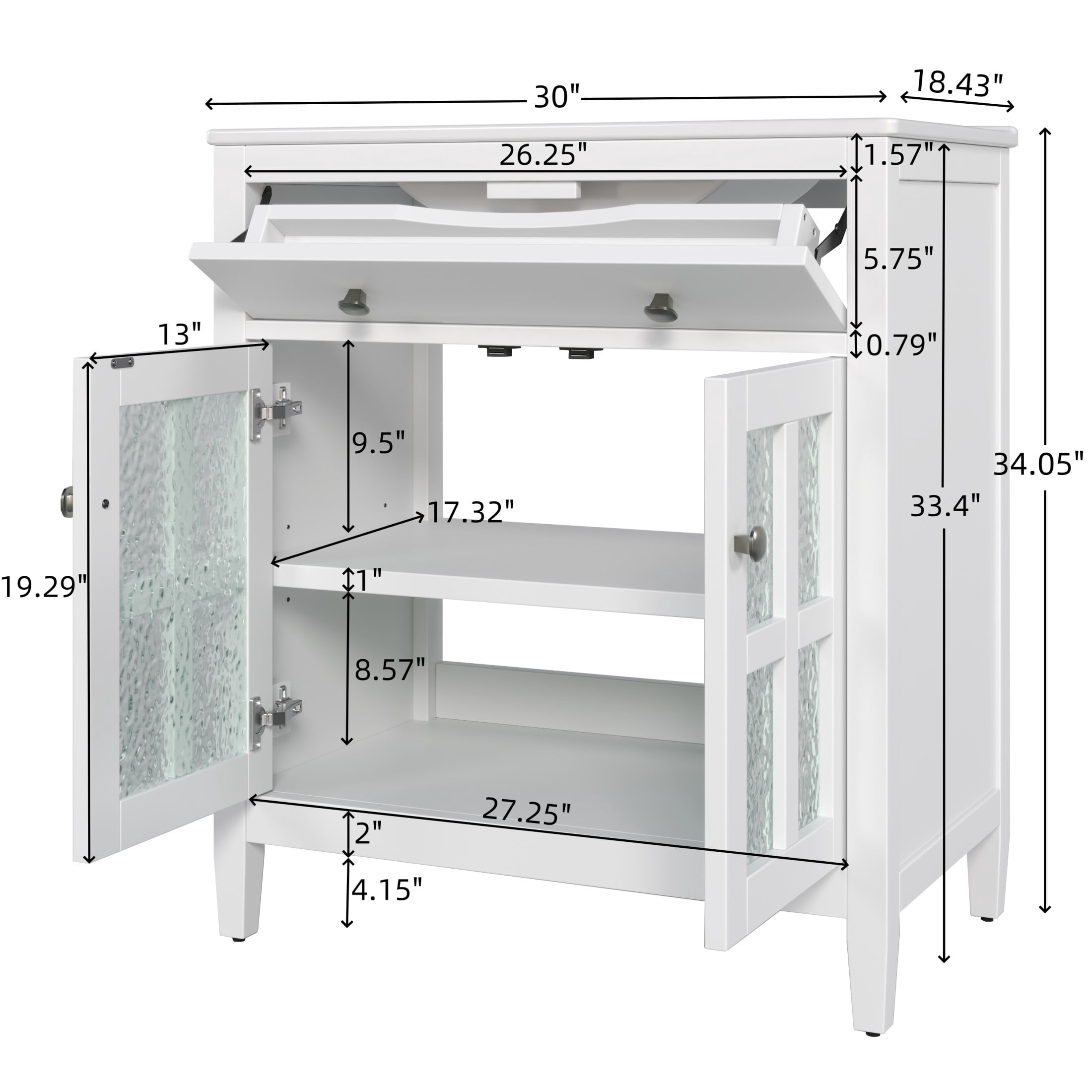 Christopher Knight Home 30" Bathroom Vanity with Sink, Glass Door, Tip-Out Tray, Solid Wood Legs, White