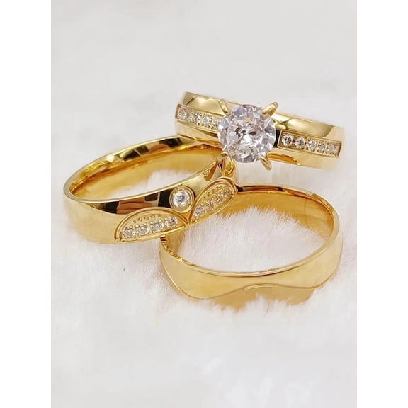 Bluebell Jewels Round Cut Cubic Zirconia 14K Yellow Gold Plated Couple Trio Set Wedding Ring