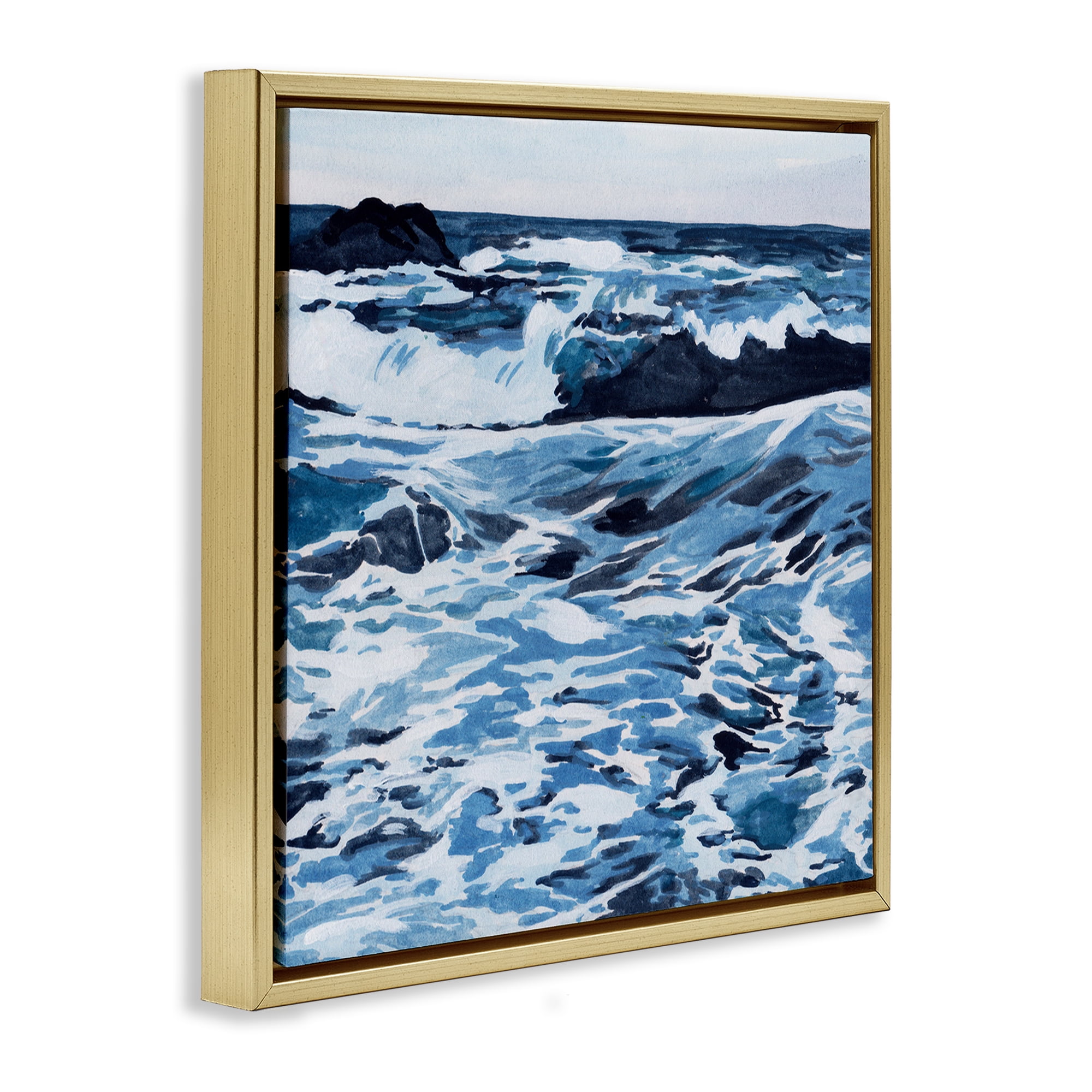 Stupell Industries Blue Coastal Waves Landscape Painting Gold Floater Framed Canvas Art Print Wall Art, 25 x 25