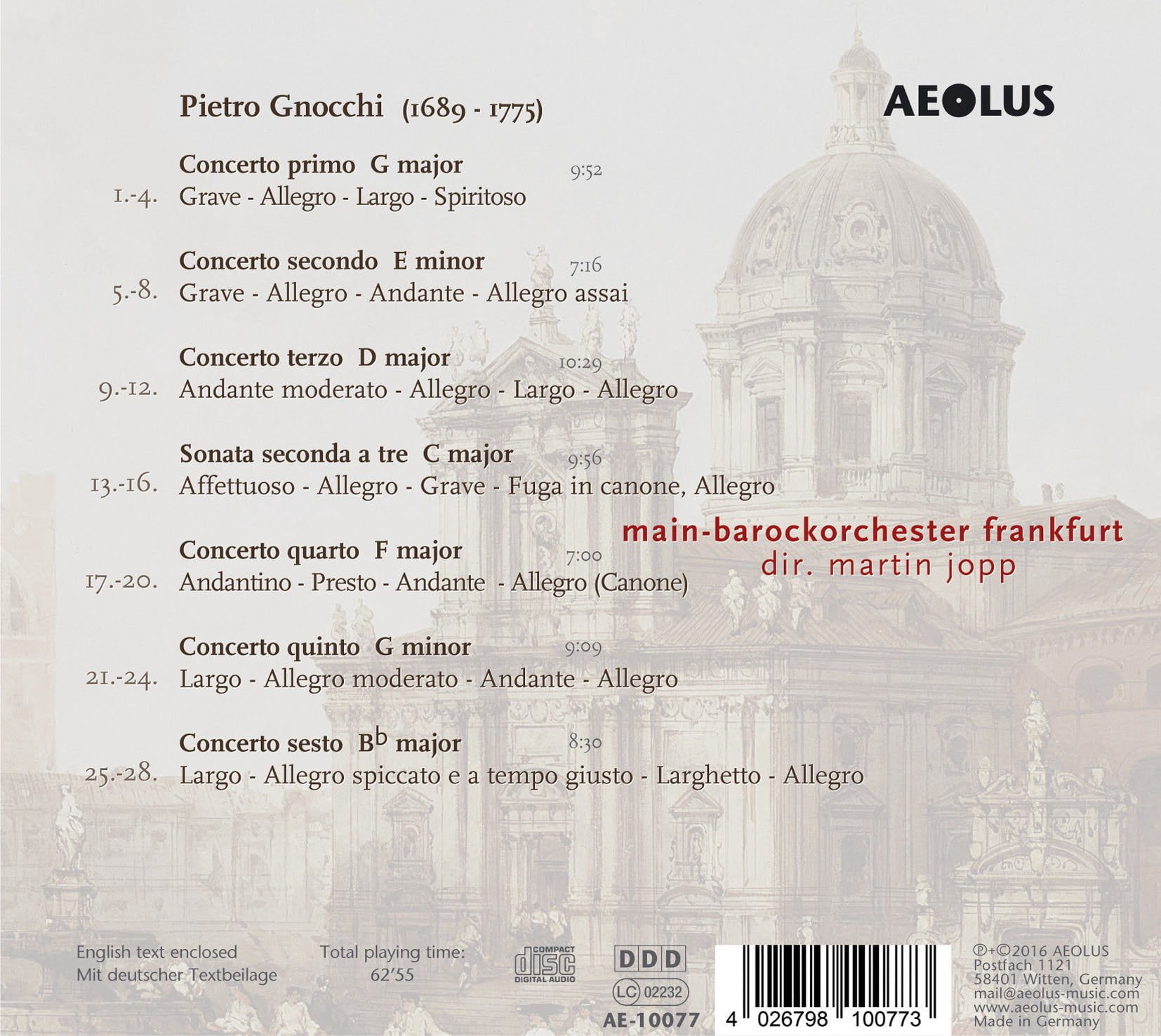 Gnocci / Main-Barockorchester Frankfurt / Jopp - Pietro Gnocci: Six Concertos & Sonata a - Music & Performance - CD