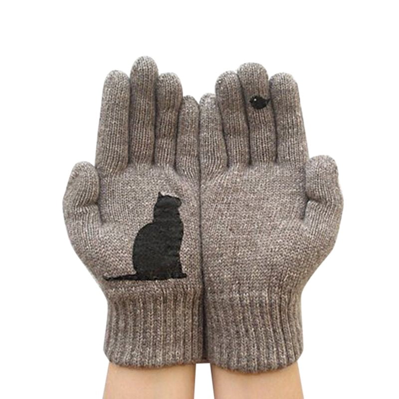 Esho Women Winter Warm Cute Cat Print Knitted Gloves Wool Full Finger Mitten Gloves Walmart
