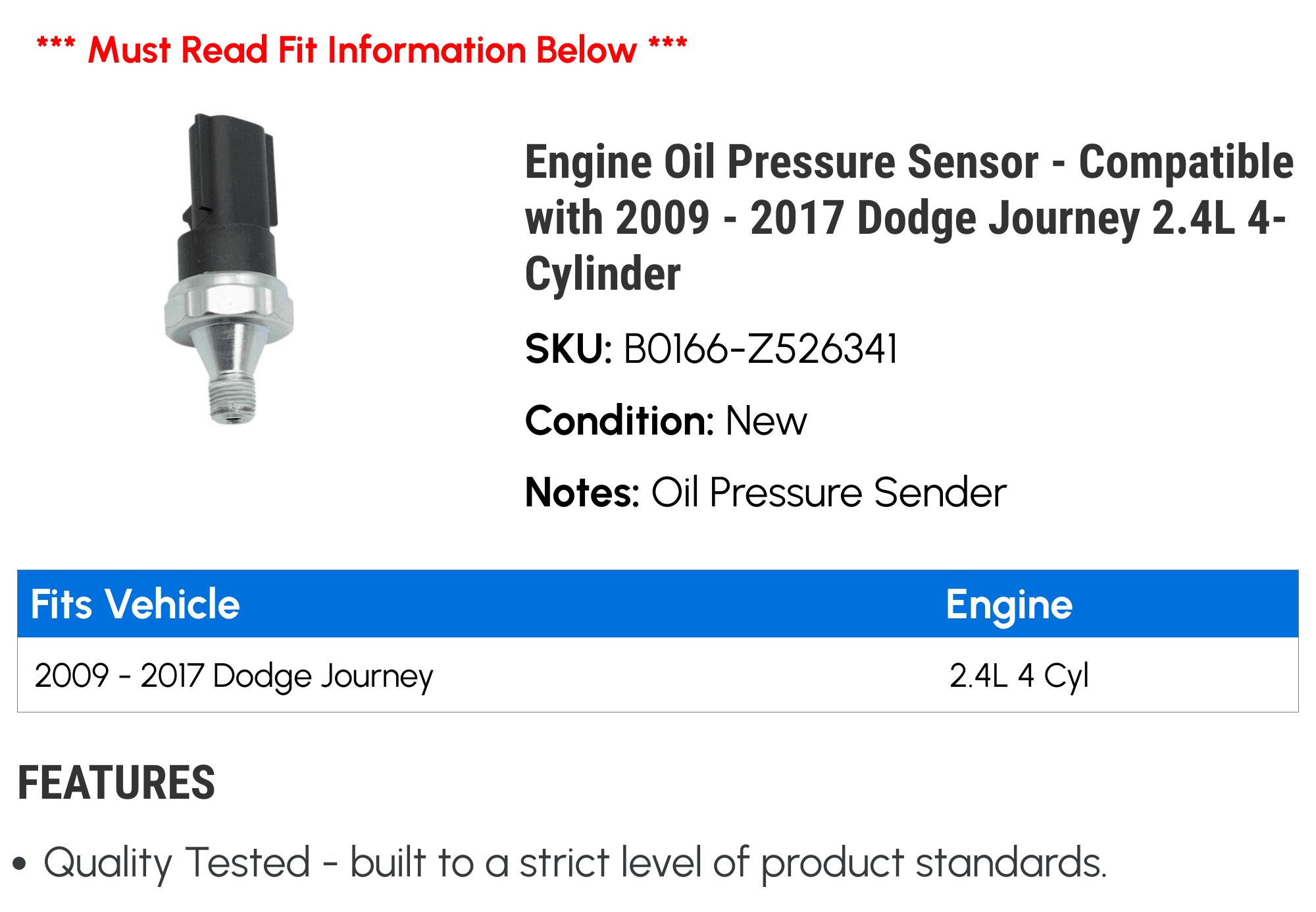 Engine Oil Pressure Sensor - Compatible with 2009 - 2017 Dodge Journey 2.4L 4-Cylinder 2010 2011 2012 2013 2014 2015 2016