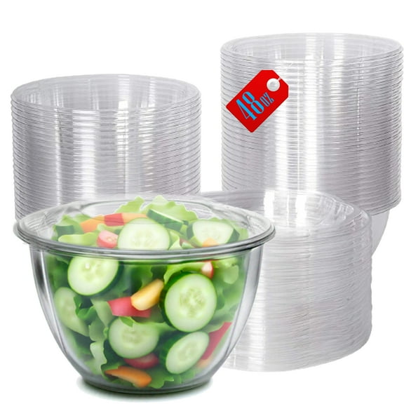 Mr Miracle Clear 48 Ounce Plastic Salad Bowls with Snap-On Lids. Pack 50. Airtight Disposable Salad Containers for Lunch, Meal Prep, Parties. Ideal as Disposable Salad Bowls with Lids