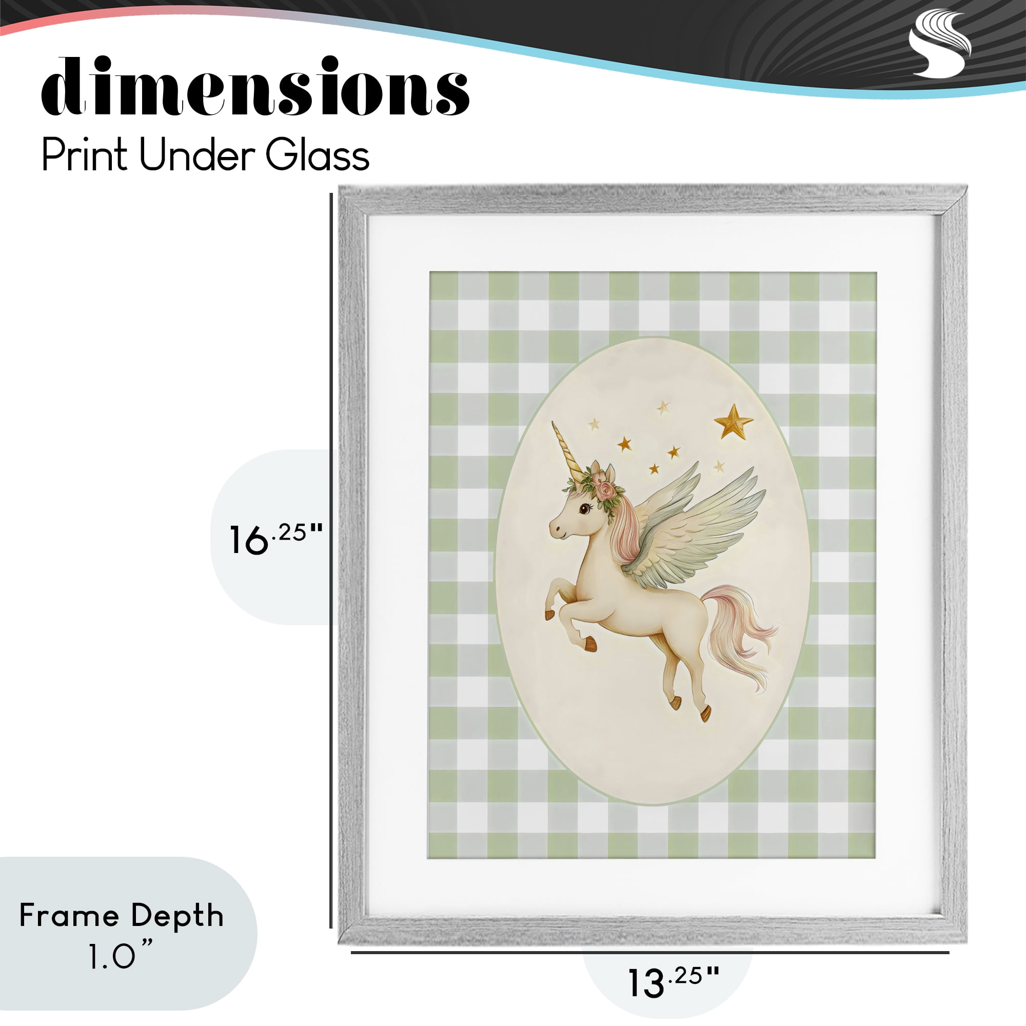 Stupell Industries Winged Unicorn over Green Gingham Gray Framed Print Under Glass, design by Arlington Prints