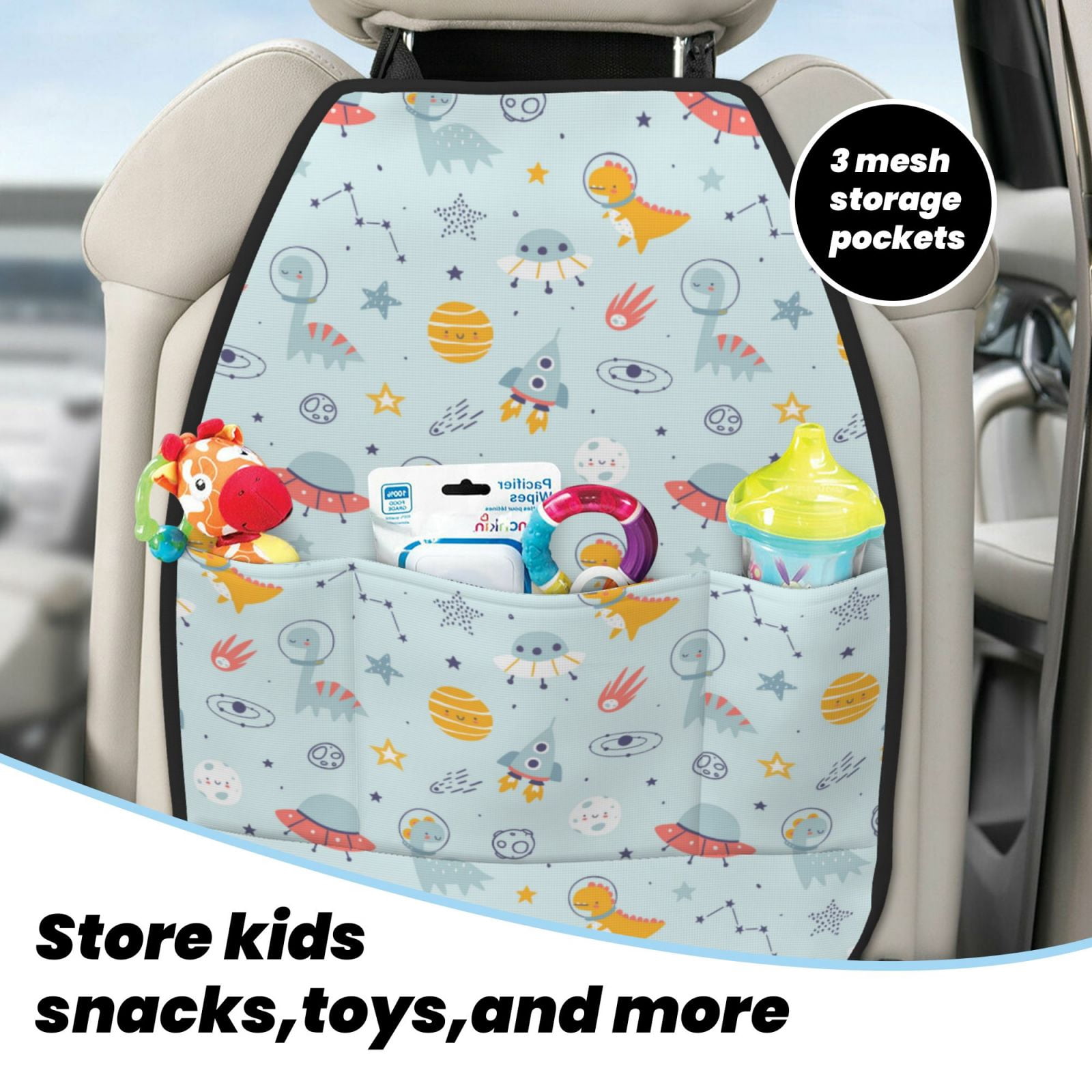 Xecao Space With Dino Astronauts Pattern Car Seat Back Protector 2 Pack Large Capacity Pocket, Kick Mats Back Seat Protector