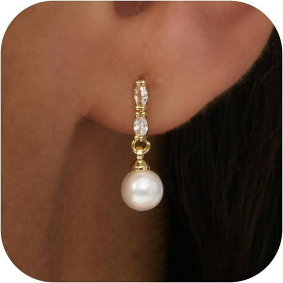 Pearl Earrings for Women - 14K Gold/White Gold Plated Drop Dangle Pearl Wedding Earrings for Brides, Elegant Bridal Studs Trendy Jewelry