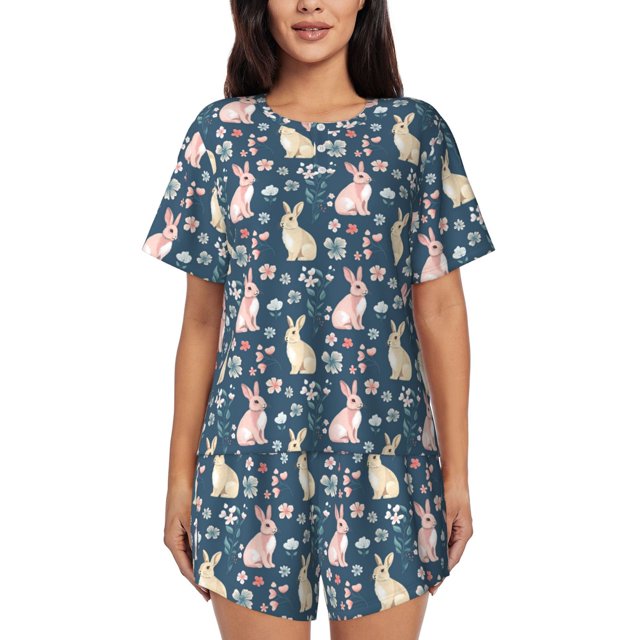 Balery Cute Rabbit Floral Conjunto de Pijama para Mujer con Estampado, Dos Piezas de Manga Corta y Shorts, Ropa de Dormir Suave con Cuello Redondo y Bolsillos-4X-Large