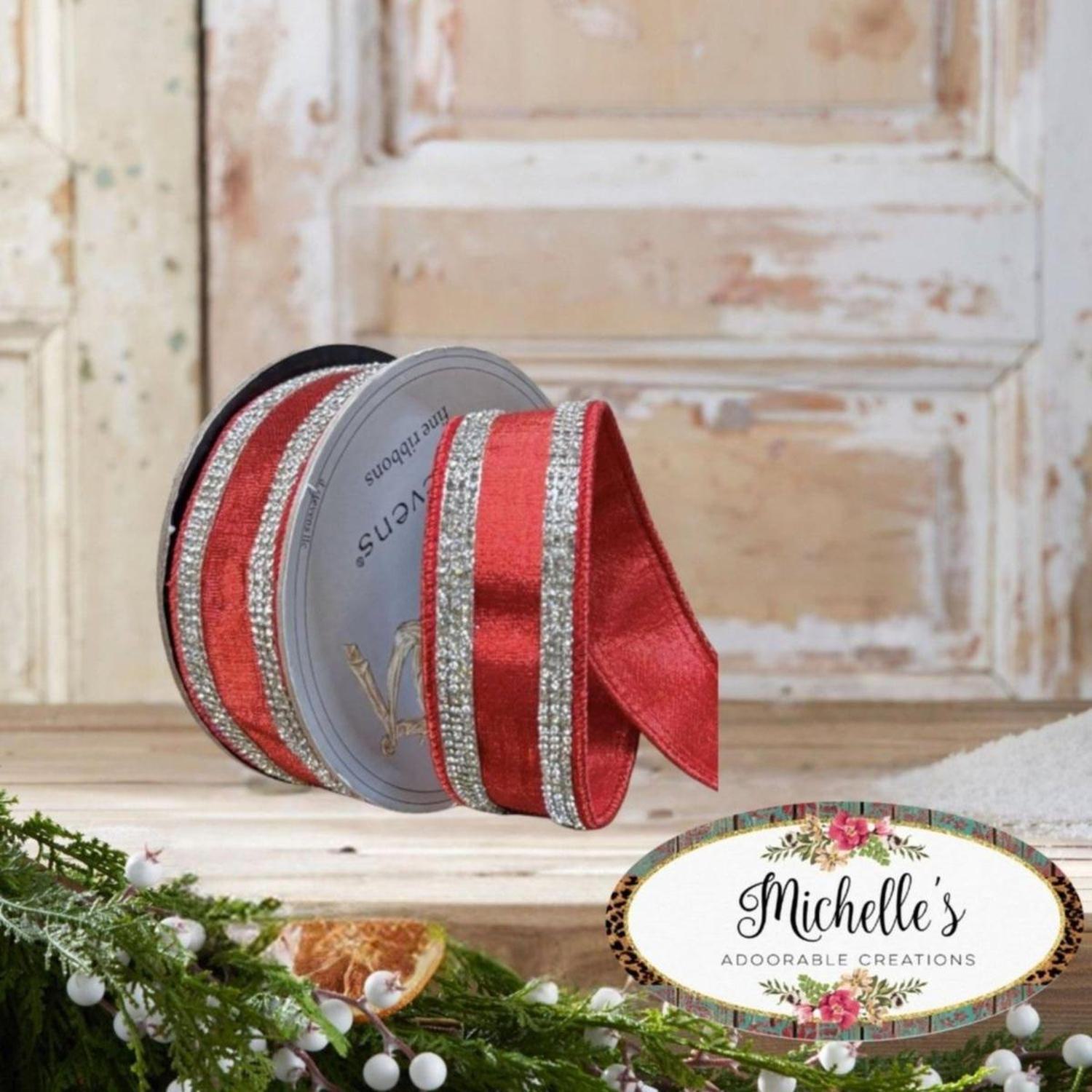 1.5" Metallic Dupion Jewel Stripe Ribbon: Red (5 Yards)