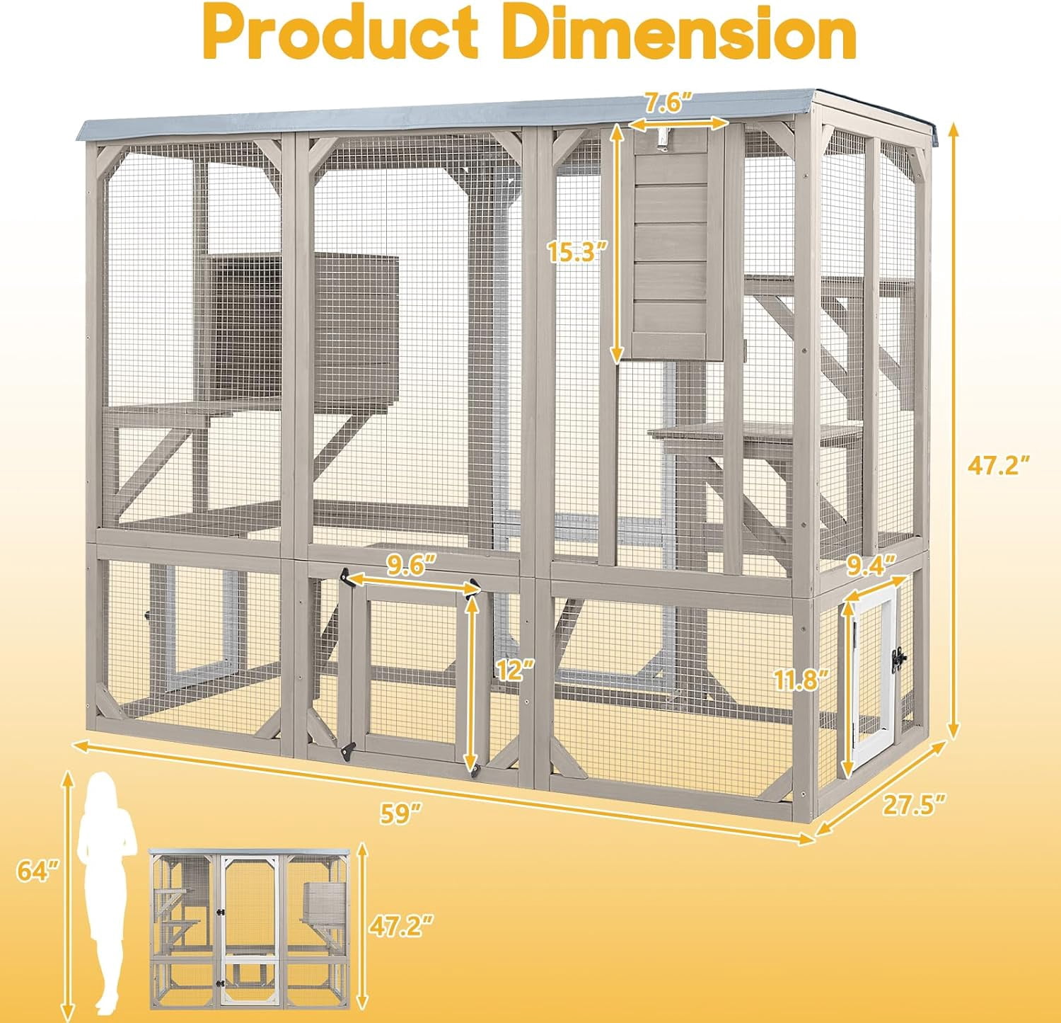 Petsblublu Large Catio Outdoor Cat Enclosure, Wooden Cat House with Removable Weatherproof Cover, 4 Platforms