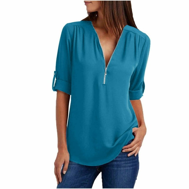 XMMSWDLA Blouse à Col en V Nouée devant Manches Longues Élégante Décontractée Couleur Unie Chandail Bleu Ciel Printemps pour Femmes 2024